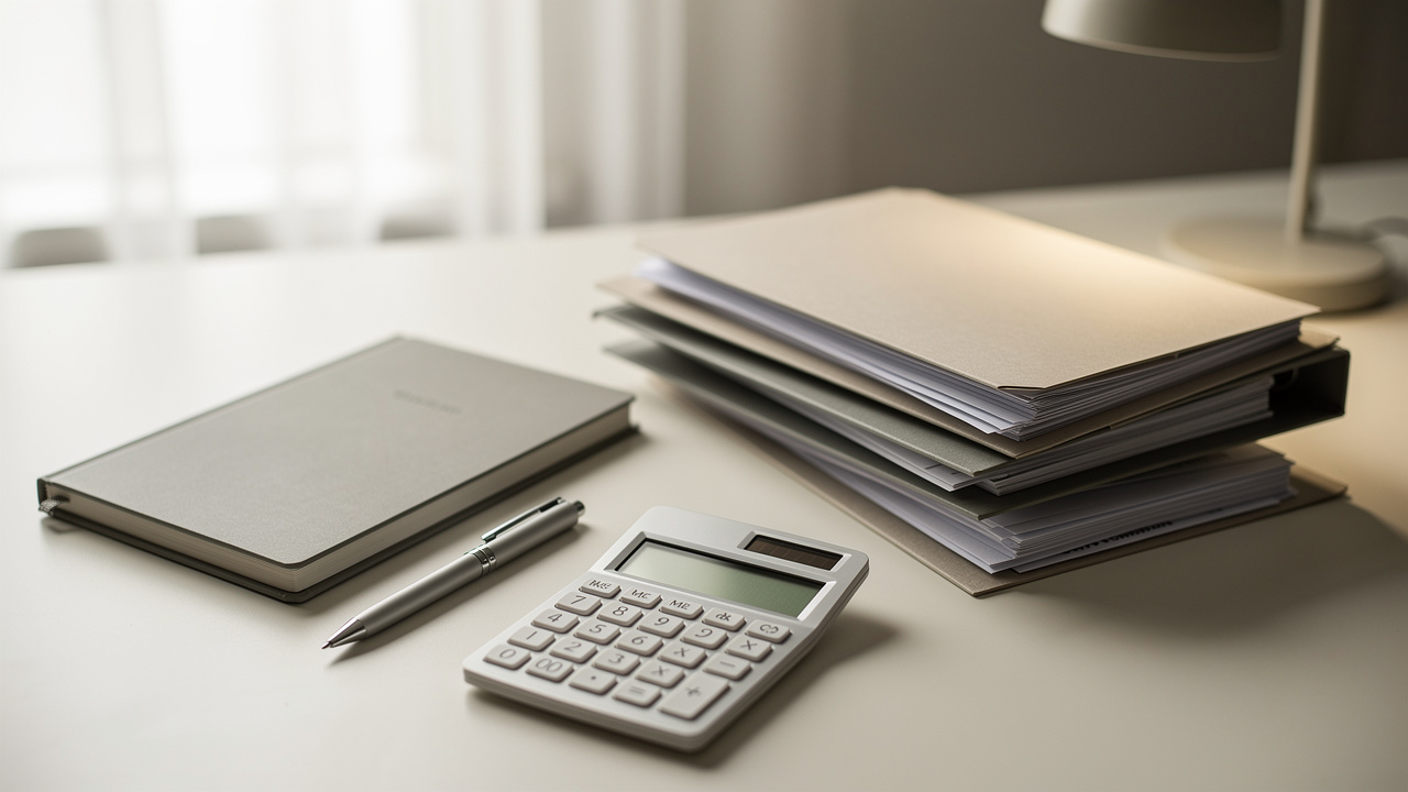 Vue de bureau réaliste avec calculatrice, documents administratifs classés, dossier BNC, agenda et stylo sous une lumière douce, ambiance calme et professionnelle.
