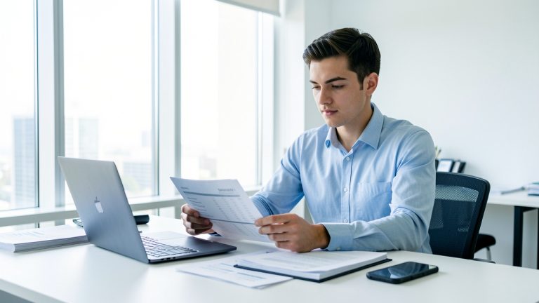 Jeune entrepreneur assis à son bureau moderne, consultant des documents financiers et utilisant un ordinateur, ambiance lumineuse et professionnelle.
