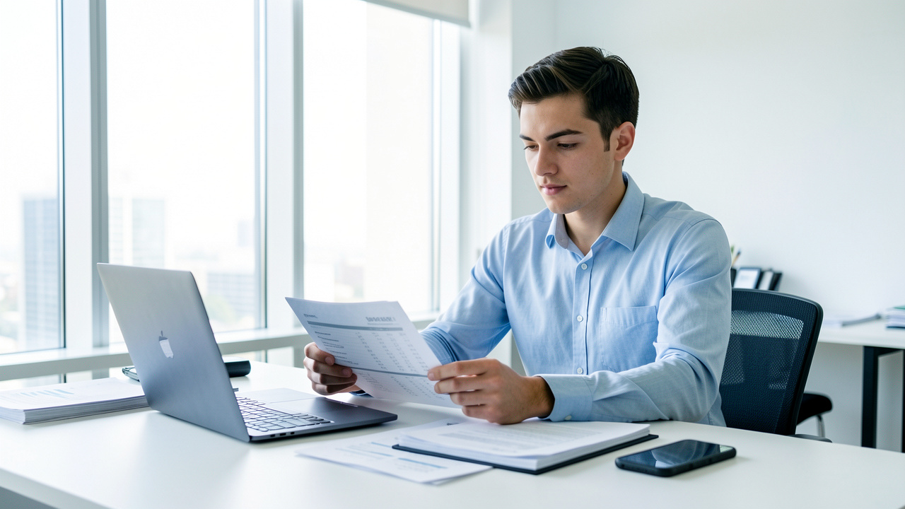 Jeune entrepreneur assis à son bureau moderne, consultant des documents financiers et utilisant un ordinateur, ambiance lumineuse et professionnelle.