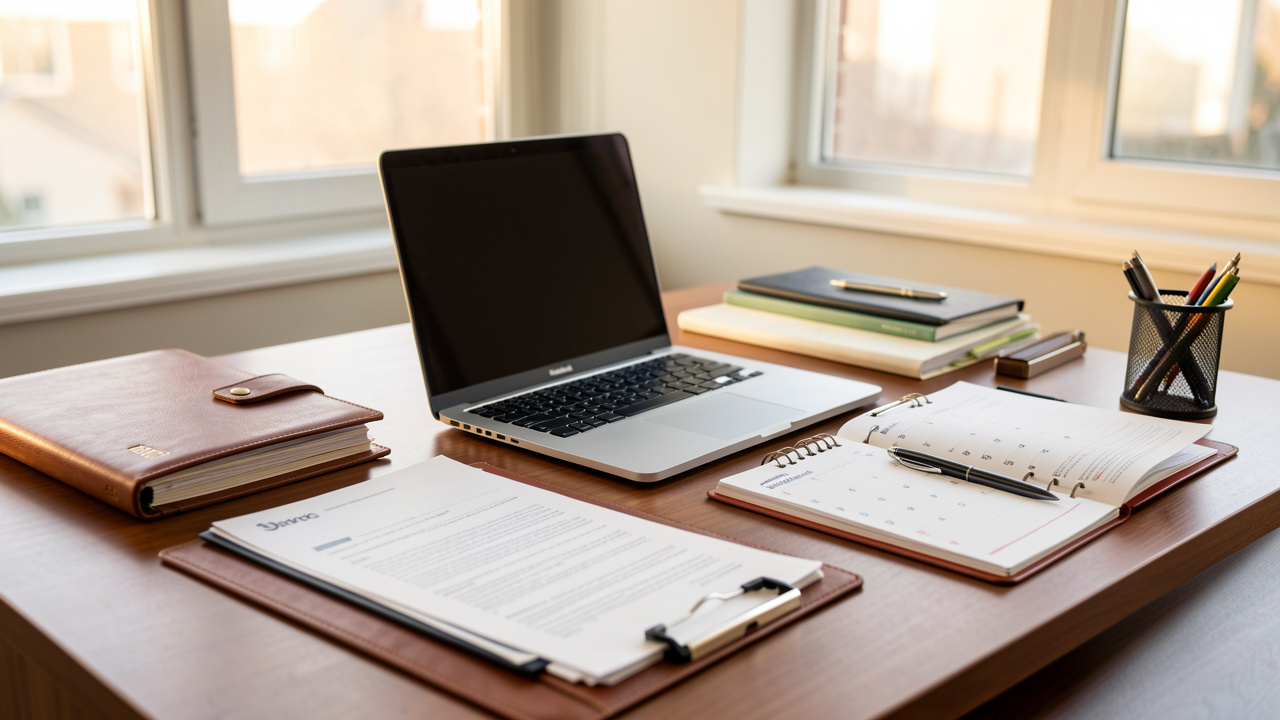 Bureau professionnel ordonné avec ordinateur portable, dossiers administratifs et agenda, ambiance sobre de cabinet libéral, éclairage doux et style photo documentaire réaliste