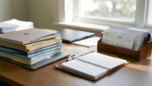 Bureau professionnel de santé libérale très organisé avec des dossiers classés, un ordinateur portable et des factures rangées dans un plateau.