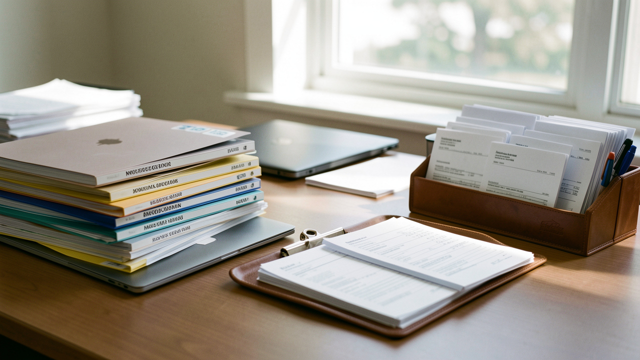 Bureau professionnel de santé libérale très organisé avec des dossiers classés, un ordinateur portable et des factures rangées dans un plateau.