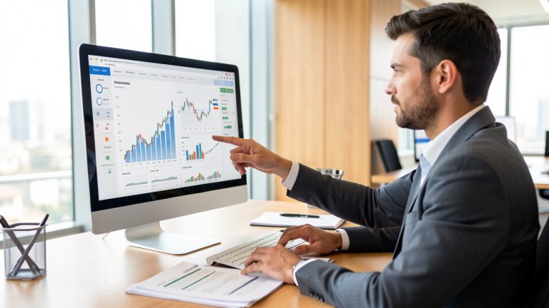 Un dirigeant de PME examine des données financières sur un ordinateur dans un bureau moderne lumineux, avec des tableaux de bord et des documents sur une table.