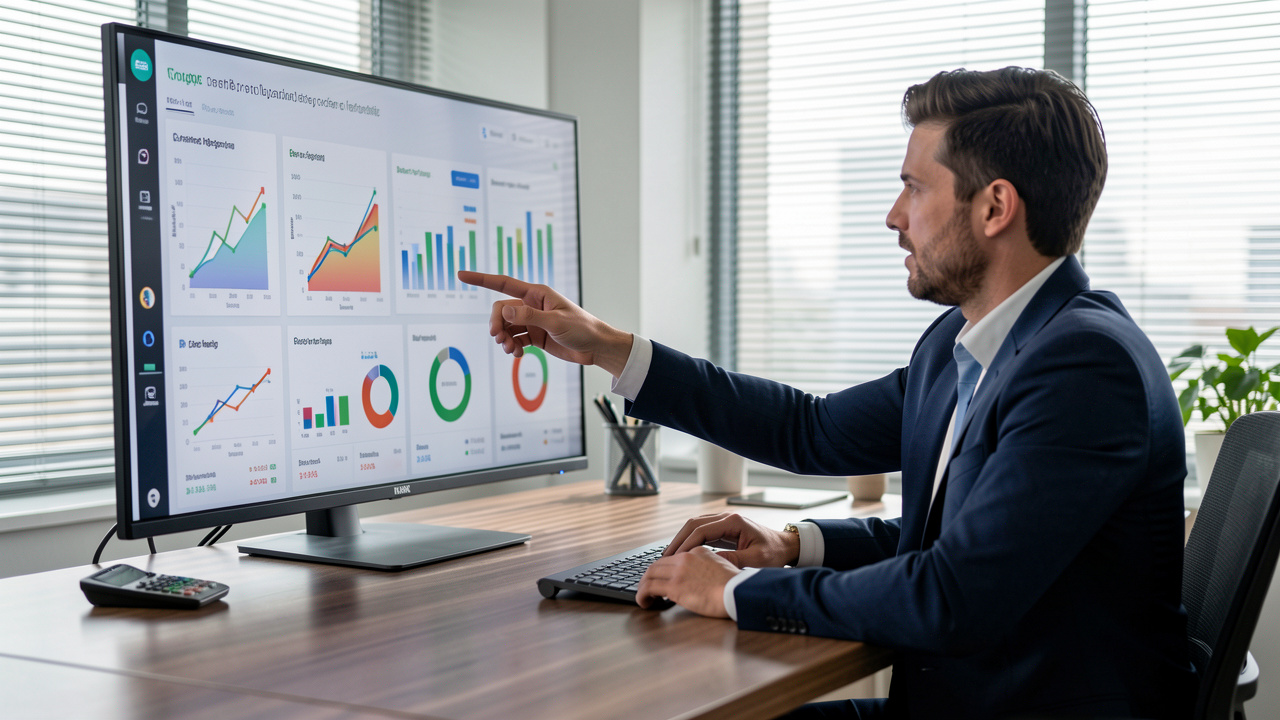 Un dirigeant de PME examine des tableaux de bord financiers sur un écran dans un bureau moderne, ambiance professionnelle avec lumière douce et couleurs neutres.