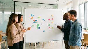 Une équipe de trois femmes et deux hommes échange autour d’un tableau visuel de gestion des risques dans un bureau moderne et lumineux.