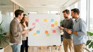 Quatre jeunes entrepreneurs, deux femmes et deux hommes, échangent autour d’un tableau stratégique vierge dans un bureau moderne et lumineux.
