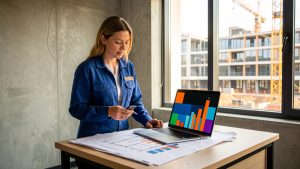 Une responsable de chantier analyse la rentabilité de campagnes marketing dans un bureau donnant sur un site de construction, avec des graphiques abstraits sur un ordinateur.