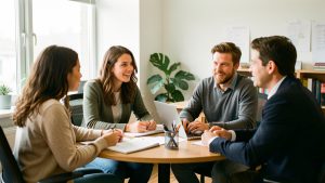 Une petite équipe diversifiée échange naturellement dans un bureau lumineux autour de la culture et de la vie de leur entreprise.