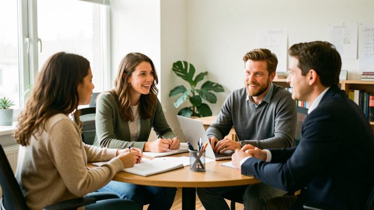 Une petite équipe diversifiée échange naturellement dans un bureau lumineux autour de la culture et de la vie de leur entreprise.