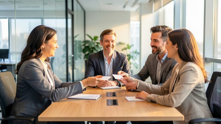 Trois professionnels échangent autour d’une table dans un bureau moderne et discutent d’un partenariat commercial.