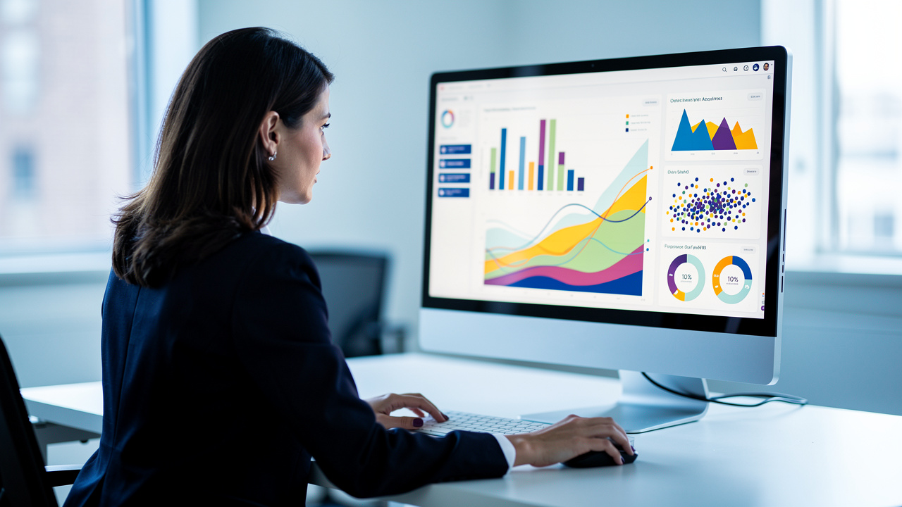 Une femme compare des graphiques abstraits de performance de recherche sur un écran dans un bureau moderne, dans un style éditorial corporate réaliste.