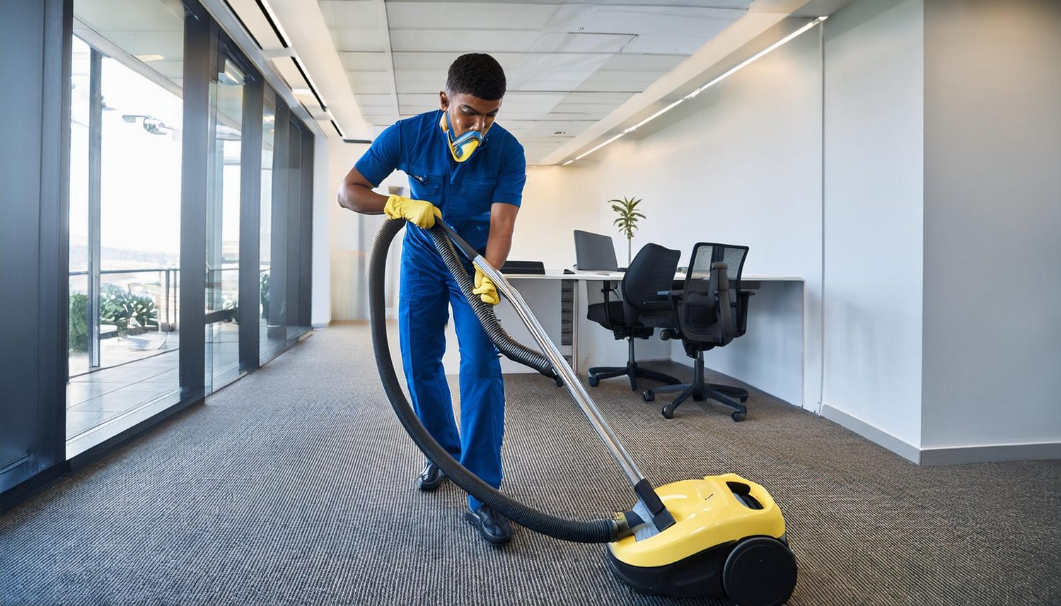 Agent d’entretien utilisant un aspirateur professionnel dans un espace de bureaux.