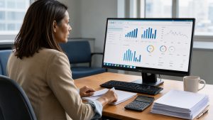 Une dirigeante de PME examine un tableau de bord de facturation électronique sur un ordinateur, dans un bureau lumineux entouré de documents comptables.