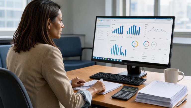 Une dirigeante de PME examine un tableau de bord de facturation électronique sur un ordinateur, dans un bureau lumineux entouré de documents comptables.